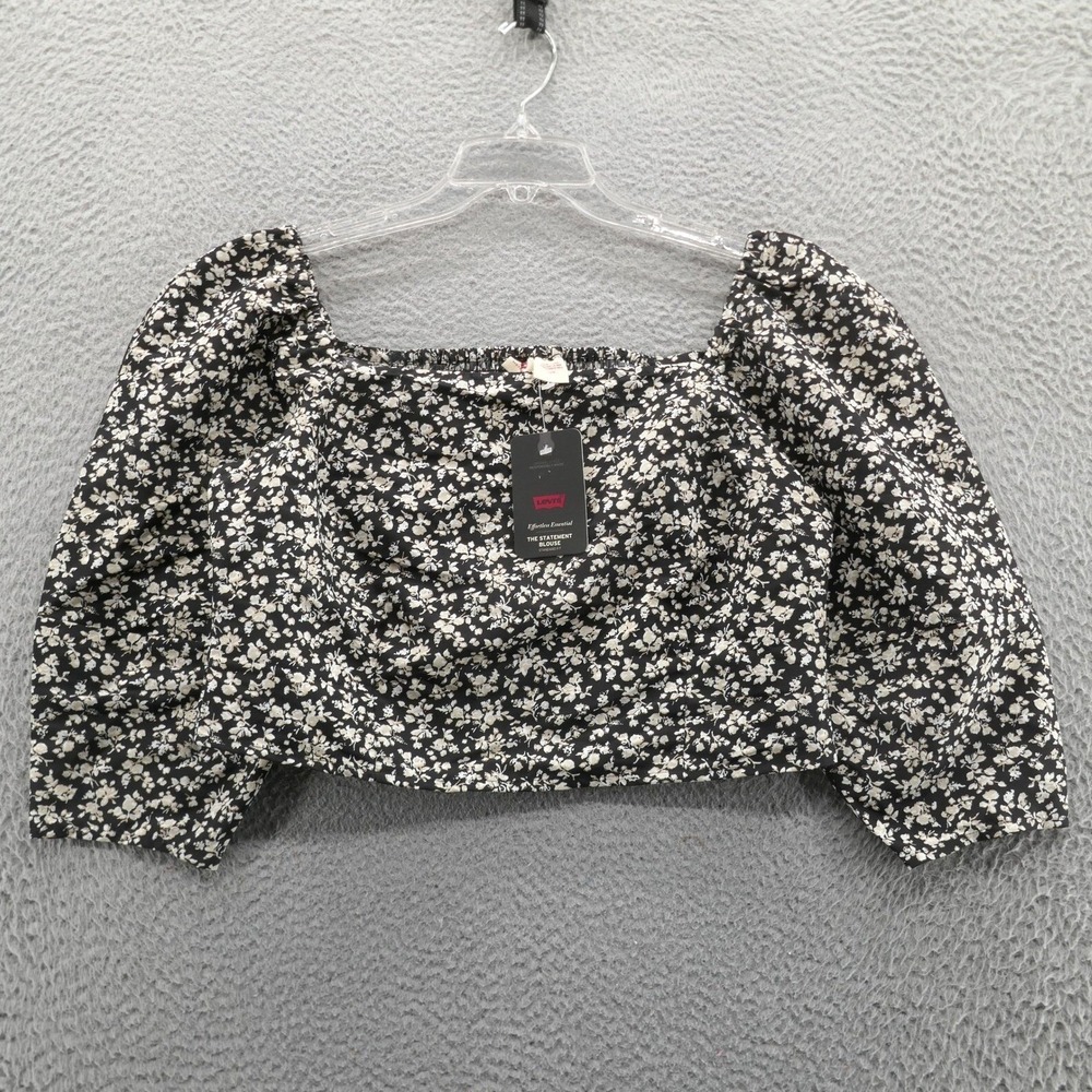 Levis Womens Statement Blouse Large Black White Floral Puff Sleeve Crop Top NWT